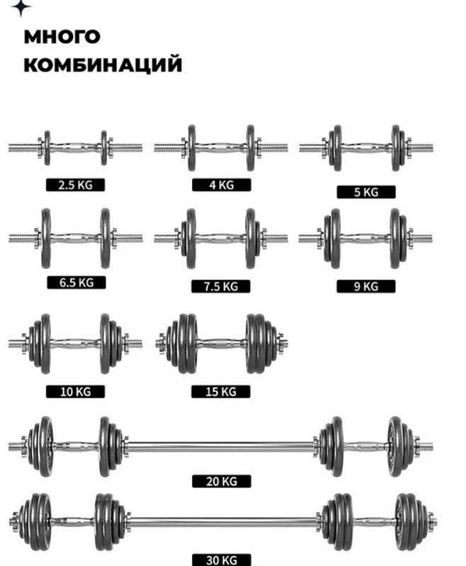 Гантели разборные из чугуна с грифом 2шт по 15кг PROIRON Г2150Ч 658_800